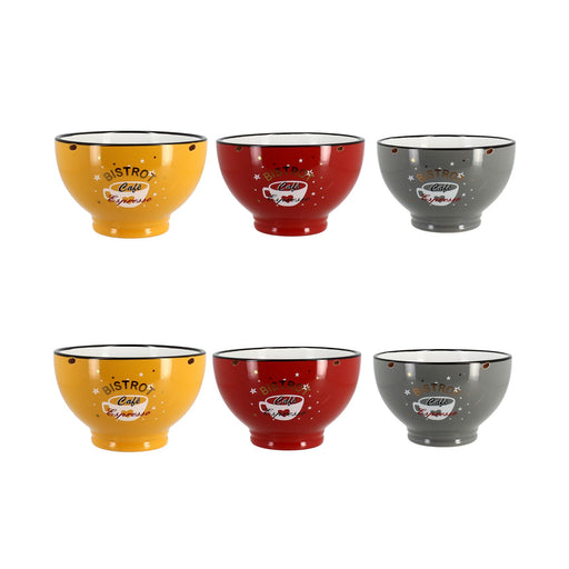 Lot de 6 Bols Cafétaria 50cl en Grès 3 Couleurs Assorties