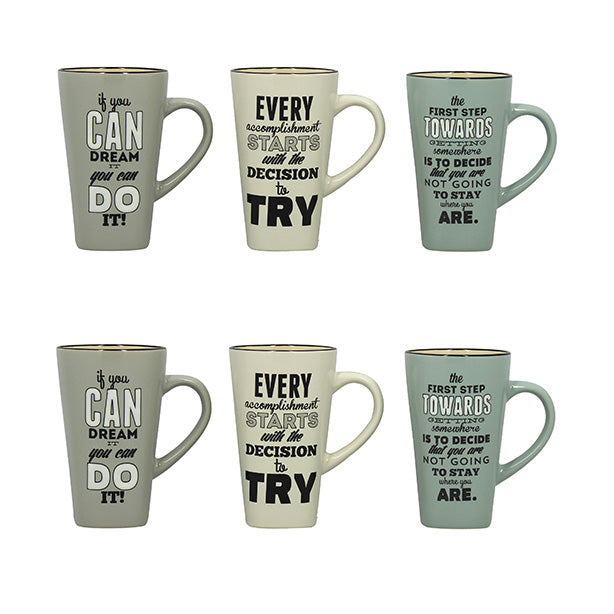 Lot de 6 Mugs Citations 51cl en Grès - 3 Décors Assortis