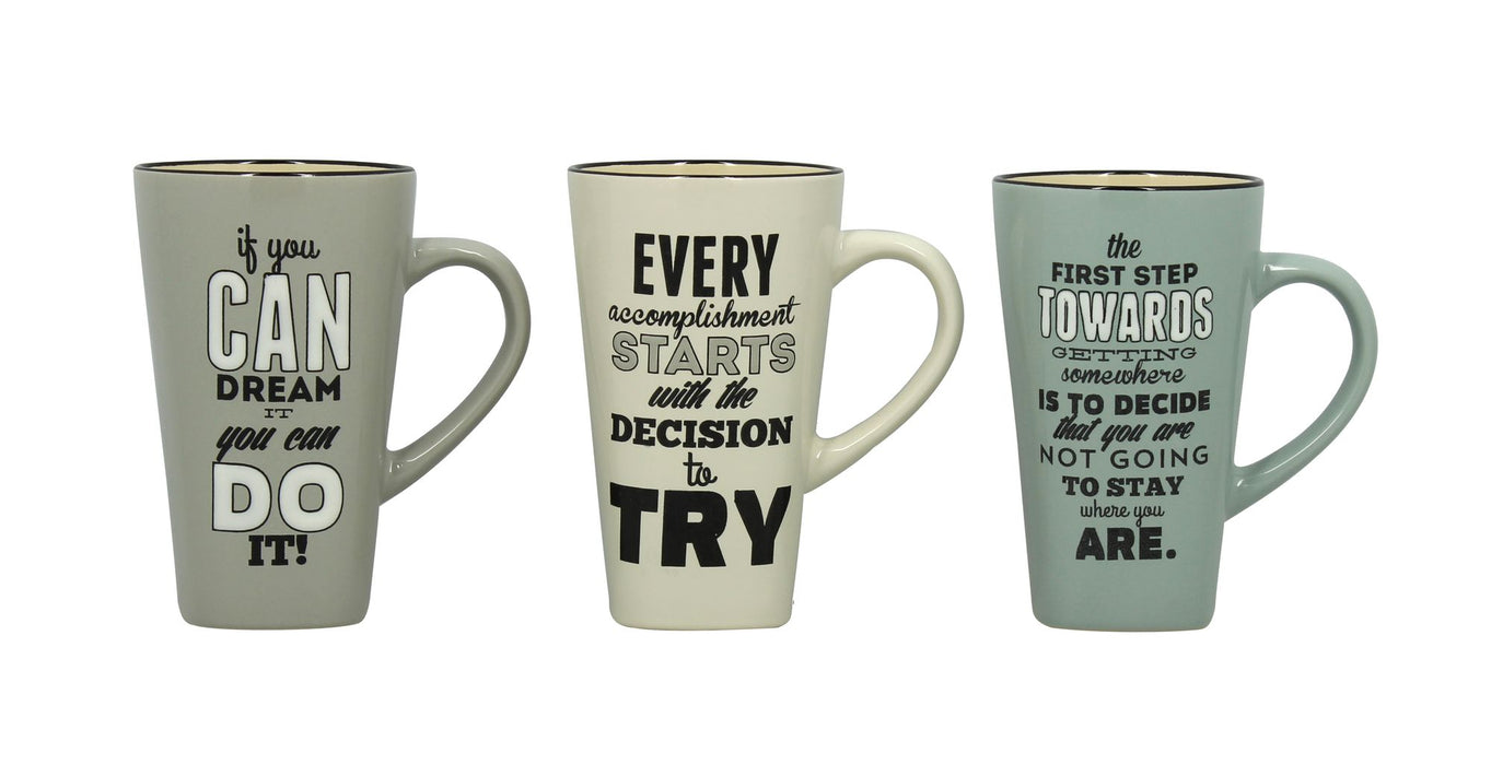 Lot de 6 Mugs Citations 51cl en Grès - 3 Décors Assortis